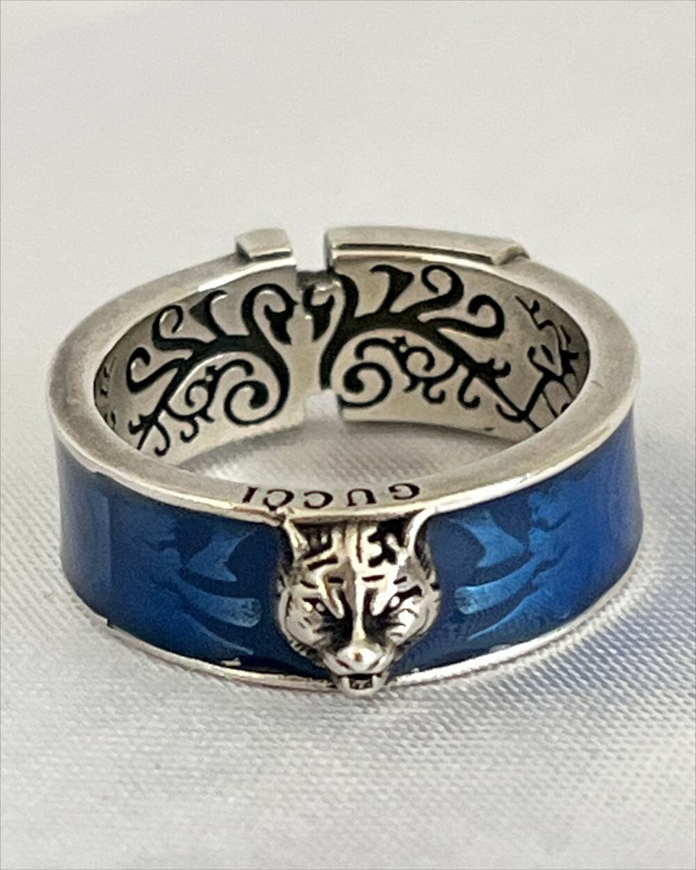 GUCCI Vintage Cat Head & Belt Motif Sterling Silver 925 Blue Enamel Band Ring
